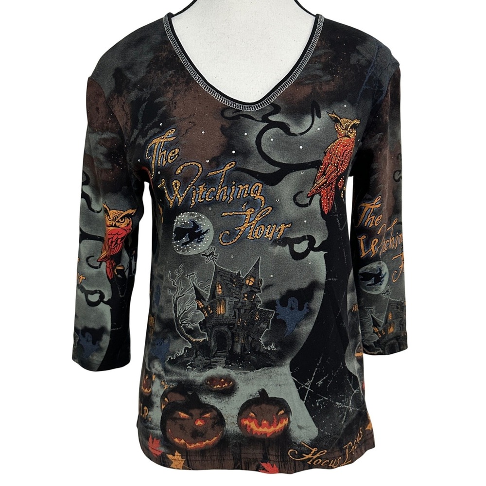 Cactus Bay Halloween AOP Graphic Tee Women Small Black The Witchy Whimsigoth Art
